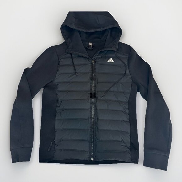 Adidas Varilite Hybrid Jacket Mens Small Black Hooded Zip Drawstring Coat - Picture 1 of 11